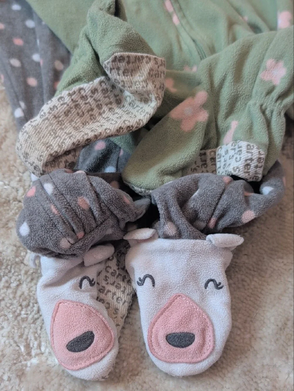 Carter's Green & Gray Footed One-Piece Sleepers with Pink Accents Set Of 2